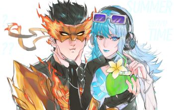 1boy artist_request blue_eyes blue_hair breasts cleavage fire heterochromia highres iron_fist_(marvel) lin_lie_(marvel) long_hair looking_at_viewer luna_snow luna_snow_(cool_summer) marvel marvel_rivals mask multicolored_hair official_alternate_costume one-piece_swimsuit simple_background smile split-color_hair superhero_costume swimsuit two-tone_hair white_background white_hair
