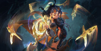 1girl absurdres ahoge black_hair black_shoes black_socks black_thighhighs bow_(weapon) breasts capelet chi_cha goggles goggles_on_head highres holding holding_bow_(weapon) holding_weapon ji_(weapon) long_sleeves medium_hair multicolored_hair non-web_source official_art orange_capelet orange_hair shoes small_breasts socks solo thighhighs wangzhe_rongyao weapon white_hair