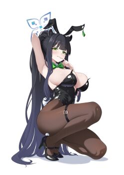 1girl absurdres animal_ears arm_behind_head armpits black_hair black_leotard black_pantyhose black_shoes blue_archive blue_halo bow bowtie breasts cawl commentary english_commentary fake_animal_ears fake_tail from_side full_body gradient_hair green_bow green_bowtie green_eyes halo high_heels highres large_breasts leotard light_blush long_hair multicolored_hair o-ring o-ring_thigh_strap on_one_knee pantyhose parted_lips playboy_bunny purple_hair rabbit_ears rabbit_tail shoes shun_(blue_archive) simple_background solo strapless strapless_leotard tail thigh_strap very_long_hair white_background