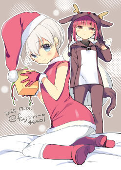 2girls animal_costume animal_hat blue_eyes blush boots box brown_eyes christmas closed_mouth commentary_request dated dress fake_tail fujii_rino gift gift_box gloves hat highres holding holding_sack kantai_collection multiple_girls pantyhose red_boots red_gloves red_hair sack santa_costume santa_hat short_hair simple_background sitting sleeveless sleeveless_dress tail twitter_username white_hair white_pantyhose z1_leberecht_maass_(kancolle) z3_max_schultz_(kancolle)