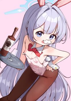 1girl animal_ears blue_archive blue_halo bottle bow bowtie breasts brown_pantyhose cherino_(blue_archive) cup drinking_glass facial_hair fake_animal_ears fake_facial_hair fake_mustache halo highres japanese_text led_winter leotard loli long_hair mustache navel open_mouth pantyhose pink_background pink_leotard playboy_bunny rabbit_ears rabbit_tail red_bow red_bowtie small_breasts solo tray white_hair white_mustache wine_glass