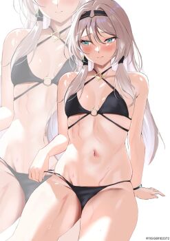1girl alternate_costume an-94_(girls'_frontline) aqua_eyes artist_name bikini bikini_pull black_bikini black_hairband blush breasts closed_mouth clothes_pull dated_commentary embarrassed girls'_frontline hairband highres long_hair navel sidelocks simple_background sitting small_breasts solo stomach swimsuit tigger_drawing twitter_username wet white_background white_hair zoom_layer