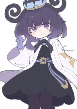 1girl artist_name belt belt_buckle blunt_bangs bob_cut buckle closed_mouth coat gloves gwynn_(pokemon) hat highres homaru_(kurumique) long_sleeves looking_at_viewer mega_stone nintendo o-ring o-ring_belt open_clothes open_coat pantyhose partially_fingerless_gloves pokemon pokemon_legends:_z-a purple_hair short_hair solo white_background white_coat