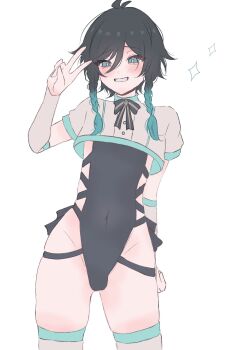 1boy aqua_eyes aqua_hair black_hair blush braid bulge detached_sleeves genshin_impact gradient_hair grin highres multicolored_hair omochi_7btn one-piece_swimsuit smile solo standing swimsuit thighhighs thighs trap twin_braids v venti_(genshin_impact) white_background
