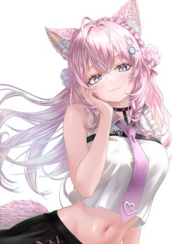 1girl :3 absurdres animal_ears antenna_hair bare_arms bare_shoulders black_choker black_skirt blue_eyes braid choker closed_mouth crop_top crop_top_overhang double_bun floating_hair hair_bun hakui_koyori hand_up highres hololive long_hair looking_at_viewer midriff nanaki24 navel necktie pink_hair pink_necktie shirt simple_background skirt sleeveless sleeveless_shirt smile solo stomach tail upper_body virtual_youtuber white_background white_shirt wolf_ears wolf_tail