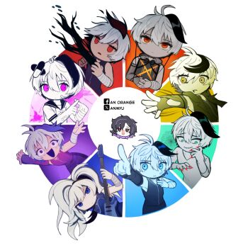 6+girls :d abnormality_dancin&#039;_girl_(vocaloid) alternate_eye_color anmyu antenna_hair arandano_(vocaloid) bandaged_arm bandages bare_shoulders black_gloves black_hair black_mouth blue_eyes border chibi chibi_only closed_mouth color_wheel_challenge commentary cropped_torso deformed double-parted_bangs egoist_(vocaloid) empty_eyes english_commentary facebook_logo fingerless_gloves fingernails flower_(vocaloid) flower_(vocaloid3) flower_(vocaloid4) frown gloves green_eyes grin guitar hair_between_eyes hana_ni_natta_(vocaloid) hand_on_own_chest high_ponytail highres holding holding_guitar holding_instrument iei index_finger_raised instrument kyoen_react_(vocaloid) long_hair looking_at_viewer multicolored_hair multiple_drawing_challenge multiple_girls multiple_persona nail_polish neurose_(vocaloid) no_pupils open_mouth orange_eyes outside_border outstretched_arm parted_lips pill_hair_ornament pink_eyes ponytail purple_eyes purple_shirt red_eyes red_nails sailor_collar school_uniform sharp_fingernails shirt short_hair short_sleeves sleeveless sleeveless_shirt smile streaked_hair three-quarter_sleeves twitter_x_logo two-tone_hair v-neck venom_(vocaloid) vita_(vocaloid) vocaloid white_border white_hair white_shirt wide-eyed x_fingers yellow_eyes