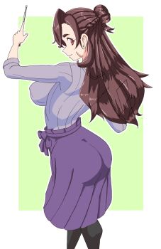 1girl asou_gouka ass breasts brown_hair choukou_(alicesoft) choukou_taisen_escalation_heroines covered_erect_nipples facial_mark highres holding holding_pointer large_breasts long_hair looking_at_viewer looking_back pointer purple_skirt purple_sweater red_eyes skirt smile sweater yashi_(user_hdwu4284)