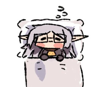 1girl bed black-framed_eyewear blush_stickers chibi cosplay elf frieren gordon_freeman gordon_freeman_(cosplay) half-life half-life_(series) half-life_1 hev_suit long_hair pillow pointy_ears rectangular_eyewear sleeping solo sousou_no_frieren under_covers wersman white_hair