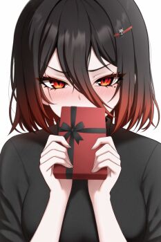 Rule 34 | 1girl, black bow, black hair, black ribbon, black shirt, bow, box, box of chocolates, breasts, chocolate, commentary, covering own mouth, english commentary, fingernails, food, gift, gift box, gradient hair, hair between eyes, hair ornament, highres, holding, holding box, holding chocolate, holding food, holding gift, large breasts, looking at viewer, mikhail n762, mikoto (mikhail n762), mole, mole under eye, multicolored hair, original, red eyes, ribbon, scar, scar across eye, scar on face, shirt, short hair, simple background, skull hair ornament, solo, turtleneck, turtleneck shirt, upper body, valentine, white background