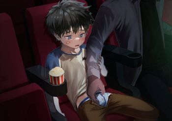 2boys age_difference assisted_exposure bandaid bandaid_on_face batsusuke black_hair blue_eyes briefs crotch_rub food handjob handjob_over_clothes highres male_focus male_underwear molestation movie_theater multiple_boys older_male_and_younger_male onii-shota open_fly open_pants pants popcorn precum print_male_underwear public_molestation shota sitting tearing_up theater underwear unzipped yaoi