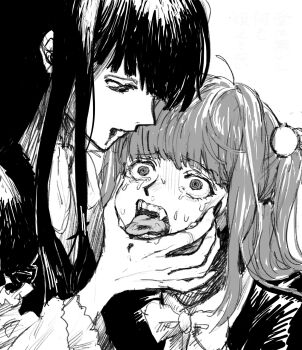 2girls blood blood_on_hands blood_on_mouth blood_on_tongue blunt_bangs bow crying eyebrows_hidden_by_hair fangs frederica_bernkastel frills grabbing_another&#039;s_face greyscale half_updo head_grab highres looking_ahead looking_down monochrome multiple_girls nasu_(nasuotabe) tongue tongue_out twintails umineko_no_naku_koro_ni ushiromiya_ange wide-eyed