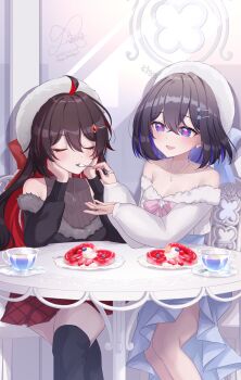 2girls absurdres ahoge bare_shoulders black_hair black_shirt black_thighhighs blue_eyes blue_hair breasts colored_inner_hair commentary_request crossed_legs cup dress dual_persona feeding food hat highres honkai_(series) honkai_impact_3rd jewelry long_hair medium_breasts multicolored_hair multiple_girls necklace red_hair red_skirt rinna_(xxrinna) seele_(alter_ego) seele_vollerei shirt short_hair sitting skirt smile table thighhighs thighs two-tone_hair very_long_hair white_dress white_hat