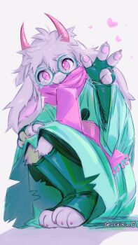 1boy an-coinin artist_name claws deltarune floppy_ears furry furry_male green-framed_eyewear green_robe highres horns looking_at_viewer male_focus pawpads pink_horns pink_scarf ralsei robe round_eyewear scarf squatting twitter_username utdr_(toby_fox) v white_background white_fur