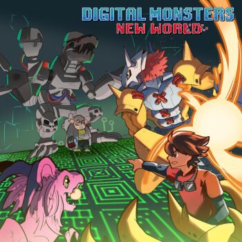 Rule 34 | 3boys, 765 nanami, armor, brown hair, claw (weapon), colored skin, copyright name, digimon, digimon (creature), digital monster ver. s: digimon tamers, dragon, gauntlets, goggles, goggles around neck, green eyes, highres, holydramon, horns, lab coat, mad scientist hacker, mugendramon, multiple boys, non-humanoid robot, orange skin, pink fur, pointing, red shirt, robot, robot dragon, second-party source, shirt, short hair, wargreymon, weapon, yellow armor