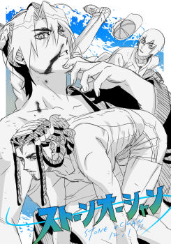 3girls baseball_cap baseball_glove baseball_uniform blood blue_background braid braided_ponytail bun_with_braided_base chest_sarashi commentary copyright_name double_bun dreadlocks ermes_costello foo_fighters_(jojo) forehead_tattoo greyscale_with_colored_background hair_bun hat jeonjin_(mynamebazin) jojo_no_kimyou_na_bouken kuujou_jolyne multicolored_hair multiple_girls nosebleed sarashi serious short_hair short_shorts shorts sportswear stone_ocean tank_top tattoo throwing two-tone_hair