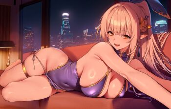 Rule 34 | 1girl, armpit crease, bare arms, bare shoulders, barefoot, blue dress, breasts, chano39, chaperina philosys, china dress, chinese clothes, city lights, cleavage, commentary request, commission, couch, covered navel, dress, earrings, elf, flower, gold trim, gradient hair, hair flower, hair ornament, hair ribbon, highres, indoors, jewelry, korean commentary, large breasts, long hair, looking at viewer, lying, multicolored hair, night, on couch, on side, open mouth, original, panties, panty pull, pelvic curtain, pointy ears, ponytail, ribbon, second-party source, side-tie panties, sideboob, sidelocks, skindentation, sleeveless, sleeveless dress, smile, solo, string panties, tassel, tassel earrings, thighlet, thighs, underwear, very long hair, white hair, white panties, yellow eyes