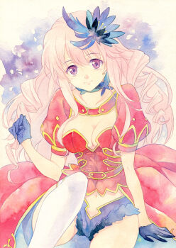 1girl agahari arm_at_side arm_support blue_fire blue_gloves blue_shorts breasts choker cleavage closed_mouth collarbone curly_hair eyebrows female_focus fire flower gloves hair_flower hair_ornament large_breasts long_hair looking_at_viewer meigo_arisa navel over-kneehighs painting_(medium) pink_hair puffy_short_sleeves puffy_sleeves purple_eyes short_sleeves shorts sitting smile solo stomach thighhighs toaru_majutsu_no_index toaru_majutsu_no_index:_endymion_no_kiseki traditional_media watercolor_(medium)