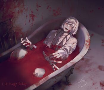 1boy akudama_drive bathtub blood blood_on_clothes blood_on_face blood_on_ground blood_on_hands blood_splatter bloody_handprints commentary_request cutthroat_(akudama_drive) dress_shirt faucet handprint happy_birthday highres in_bathtub jacket looking_ahead mole mole_under_eye open_mouth outstretched_arm pants partially_submerged pink_eyes shiromo_ooo shirt short_hair signature solo swept_bangs white_hair white_jacket white_pants white_shirt