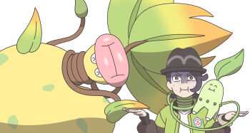 1boy absurdres asphyxiation black_hair black_hat chikorita closed_eyes closed_mouth colored_skin feiyang02 gen_1_pokemon gen_2_pokemon green_jacket hat highres jacket leaf mega_pokemon mega_victreebel nintendo open_clothes open_jacket paxton_(pokemon) pink_lips plant plant_monster pokemon pokemon_(creature) pokemon_legends:_z-a shirt short_hair simple_background smile strangling victreebel vines white_background white_shirt yellow_skin