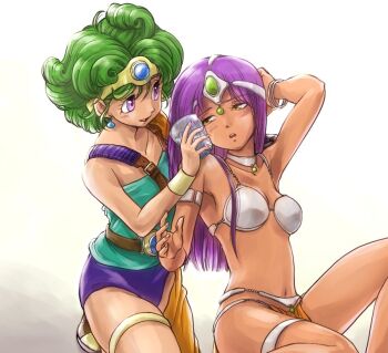 2girls aqua_leotard arm_up armlet armor arms_up asymmetrical_clothes bikini_armor blue_gemstone blush bracelet breasts circlet cleavage cup curly_hair dancer dark-skinned_female dark_skin dragon_quest dragon_quest_iv drinking_glass forehead_jewel furrowed_brow gem gold_bracelet gold_circlet green_gemstone green_hair green_leotard half-closed_eyes hand_on_own_head hand_up hangover headache heroine_(dq4) holding holding_cup jewelry leotard long_hair manya_(dq4) metal_bikini metal_bra multiple_bracelets multiple_girls navel neck_ring orange_loincloth orange_sleeves orange_thighhighs parted_lips pekuchin_(pekuchin_3) pelvic_curtain purple_eyes purple_hair silver_circlet smile thighhighs yuri