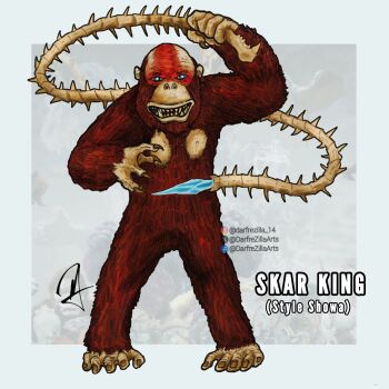 animal ape blue_eyes bone_weapon bone_whip crossover crystal crystal_weapon darfrezillaarts godzilla_(series) godzilla_x_kong:_the_new_empire highres holding holding_whip jaw kaiju king_kong_(series) legendary_pictures long_tail monsterverse no_humans oversized_animal sharp_teeth skar_king spiked_tail tail teeth weapon whip whip_sword whipslash