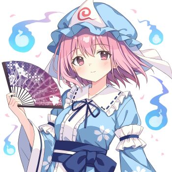 1girl blue_kimono blush commentary frills hand_fan hat highres hitodama holding holding_fan japanese_clothes kimono long_sleeves looking_at_viewer medium_hair mob_cap pink_eyes pink_hair saigyouji_yuyuko setteiset smile solo touhou triangular_headpiece upper_body white_background