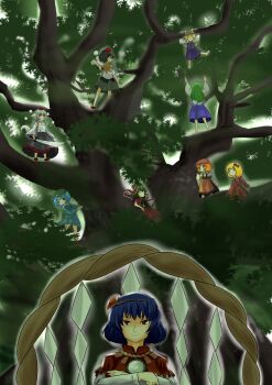 2000s_(style) 6+girls absurdres aki_minoriko aki_shizuha animal_ears black_hair black_skirt blonde_hair blue_dress blue_eyes blue_hair blue_skirt closed_mouth commentary_request crossed_arms detached_sleeves dress full_body green_hair green_hat grey_hair hair_ornament hat highres holding holding_sword holding_weapon in_tree inubashiri_momiji kagiyama_hina kawashiro_nitori kochiya_sanae leaf_hair_ornament looking_at_viewer mirror moriya_suwako mountain_of_faith multiple_girls nawo_(peace) orange_hair purple_dress red_dress red_eyes red_hat red_shirt rope shameimaru_aya shide shimenawa shirt short_hair skirt sleeveless sleeveless_shirt smile sword tail tokin_hat touhou tree upper_body weapon white_shirt white_sleeves wolf_ears wolf_girl wolf_tail yasaka_kanako