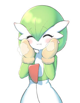 Rule 34 | 1girl, :i, ^ ^, blush, bob cut, breath, closed eyes, closed mouth, cold, colored skin, female focus, flat chest, gardevoir, gen 3 pokemon, gloves, green hair, green skin, hair between eyes, hands on own cheeks, hands on own face, hands up, mittens, multicolored skin, nintendo, pokemon, pokemon (creature), sara (sublender1234), short hair, simple background, solo, standing, two-tone skin, upper body, wavy mouth, white background, white skin, yellow gloves