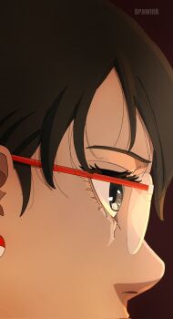 1girl artist_name black_eyes black_hair boruto:_two_blue_vortex close-up commentary corrupted_twitter_file drawink earrings english_commentary from_side glasses highres jewelry naruto_(series) rimless_eyewear solo uchiha_sarada uchiha_symbol watermark