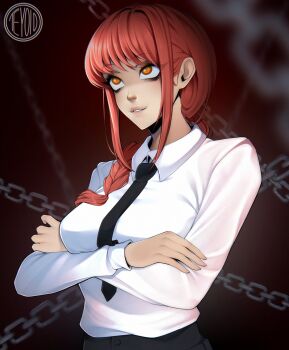 1girl black_necktie braid braided_ponytail breasts chain chainsaw_man choppy_bangs collared_shirt commentary crossed_arms hair_over_shoulder highres large_breasts long_hair long_sleeves looking_up makima_(chainsaw_man) necktie orange_eyes parted_lips red_hair ringed_eyes sanpaku shirt sidelocks smile solo teyoid upper_body white_shirt