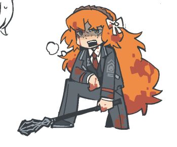 Rule 34 | 1girl, blood, blood in hair, blood on clothes, blood on face, bow, freckles, green eyes, hair bow, highres, holding, holding mace, holding weapon, ishmael (project moon), kgdjeisk, kneeling, lapels, limbus company, long hair, mace, necktie, notched lapels, on one knee, open mouth, orange hair, project moon, red necktie, solo, very long hair, weapon, white bow