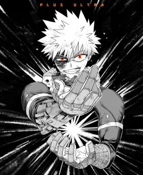 1boy arms_up bakugou_katsuki blood blood_on_face boku_no_hero_academia bruise bruise_on_face commentary_request gloves greyscale grin highres injury labhu long_sleeves looking_at_viewer male_focus monochrome orange_eyes smile solo spot_color superhero_costume torn_clothes uneven_eyes