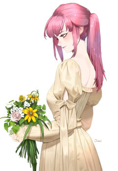 Rule 34 | absurdres, commentary, dress, english commentary, flower, green eyes, highres, looking at flowers, looking to the side, ori dal, original, pink hair, ponytail, red hair, white background, yellow dress