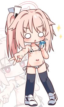 1girl absurdres animal_print bare_arms bare_shoulders bendy_straw bikini black_thighhighs blue_archive blush chibi closed_mouth collarbone cow_print drink_carton drinking_straw groin hair_intakes halo hana_kazari highres holding long_hair looking_at_viewer micro_bikini milk_carton multiple_views natsu_(blue_archive) navel o_o outstretched_arm parted_lips pink_hair print_bikini red_eyes shoes side_ponytail simple_background sparkle swimsuit thighhighs v v-shaped_eyebrows white_background white_shoes zoom_layer
