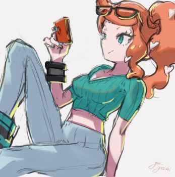 Rule 34 | 1girl, aqua boots, aqua eyes, aqua shirt, black-framed eyewear, boots, breasts, collarbone, denim, eyewear on head, hair ornament, heart, heart hair ornament, jeans, jyakku, knee up, medium breasts, midriff, nintendo, no coat, orange-tinted eyewear, orange hair, pants, pokemon, pokemon swsh, ribbed shirt, shirt, short sleeves, side ponytail, side ponytail with hair base, sketch, solo, sonia (pokemon), sunglasses, swept bangs, tinted eyewear, v-neck