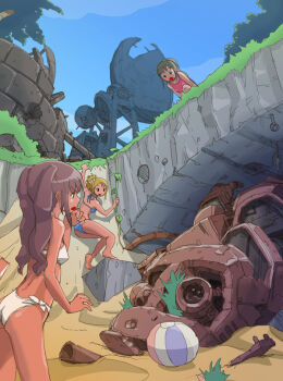 3girls ball beachball bikini blonde_hair blue_bikini blue_sky brown_hair day grass grey_hair machinery multiple_girls open_mouth original outdoors plant ponytail ruins sand satellite_dish sky sukabu swimsuit tan twintails vines white_bikini