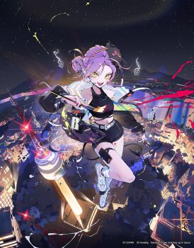 1girl absurdres alternate_costume demon_tail green_eyes hair_ornament highres hololive long_hair looking_at_viewer multicolored_hair official_art purple_hair sena_8ito solo tail tokoyami_towa virtual_youtuber