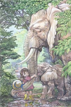 1girl animal animal_focus baby_animal bloomers blue_ribbon boots brown_eyes brown_hair child commentary_request day dress elephant green_bloomers hat hat_ribbon highres honjo_kei hug leaf looking_at_animal looking_up medium_hair one_eye_closed open_mouth original outdoors pink_dress polka_dot polka_dot_dress puddle reflection ribbon short_dress short_sleeves signature smile standing straw_hat teeth traditional_media tree underwear unworn_hat unworn_headwear upper_teeth_only yellow_boots