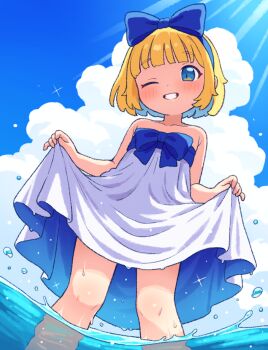 1girl assistant_(onyhakase) blonde_hair blue_bow blue_hair blue_hairband blush bow bow_hairband clothes_lift colored_inner_hair commentary_request day dress dress_lift dress_swimsuit from_below grin hairband medium_dress multicolored_hair one_eye_closed onyhakase original outdoors partially_underwater_shot short_hair sky smile solo strapless strapless_dress two-tone_hair wading water white_dress