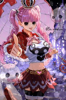 1girl black_eyes blunt_bangs boots capelet commentary crop_top drill_hair ghost highres holding holding_umbrella kumacy looking_at_viewer midriff navel one_piece perona pink_hair pointing pointing_at_viewer red_boots red_capelet red_skirt sc_scandium skirt tongue tongue_out twin_drills twitter_username umbrella