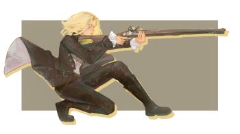 1boy androgynous black_boots black_coat black_pants blonde_hair boots border chengya_huanwo coat commentary english_commentary floating_clothes from_side gun highres holding holding_gun holding_weapon lies_of_p male_focus outline outside_border pants rifle romeo_(lies_of_p) solo weapon white_border yellow_outline