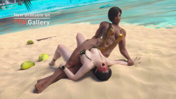 2girls 3d absurdres beach bikini black_nail_polish black_nails breasts brown_hair dark-skinned_female dark_skin dead_or_alive feet hand_on_thigh highres large_breasts leg_lock legs lei_fang lisa_hamilton multiple_girls muscular muscular_female nao_(pixiv_5120470) ocean restrained sand short_hair breasts slingshot_swimsuit swimsuit team_ninja tecmo tekken7wallpapers thighs trapped bikini water watercraft wrestling