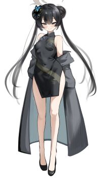 1girl absurdres armpit_crease arms_at_sides bare_legs bare_shoulders black_dress black_hair black_shoes blue_archive blush breasts butterfly_hair_ornament china_dress chinese_clothes closed_mouth coat commentary_request covered_navel double_bun dress full_body grey_coat grey_eyes grey_halo hair_bun hair_ornament halo highres kisaki_(blue_archive) long_hair long_sleeves looking_at_viewer mira_mira_mira off_shoulder open_clothes open_coat pelvic_curtain pinstripe_coat shoes simple_background sleeveless sleeveless_dress sleeves_past_fingers sleeves_past_wrists small_breasts smile solo standing twintails two-sided_coat two-sided_fabric very_long_hair white_background