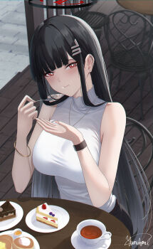 1girl absurdres alternate_costume bare_arms bare_shoulders black_hair blue_archive blush bracelet bright_pupils cake cake_slice chair closed_mouth earrings eating food fork hair_ornament hairclip halo highres holding holding_fork jewelry long_hair looking_at_viewer on_chair outdoors red_eyes rio_(blue_archive) shirt signature sitting sleeveless sleeveless_shirt solo stud_earrings table tea white_pupils white_shirt yamikyon