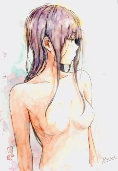 Rule 34 | 1girl, absurdres, bbmasa, blunt bangs, breasts, collarbone, commentary request, completely nude, from side, hibike! euphonium, highres, liz to aoi tori, long hair, looking to the side, nipples, nude, portrait, purple hair, red eyes, sidelocks, signature, small breasts, solo, traditional media, upper body, yoroizuka mizore