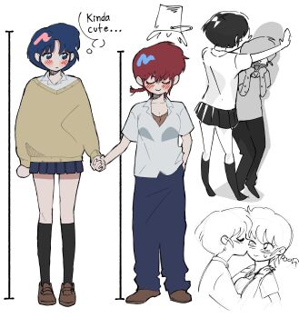 Rule 34 | 2girls, absurdres, black socks, blue hair, blue pants, blue skirt, blush, braid, braided ponytail, breasts, brown cardigan, brown footwear, cardigan, cleavage, closed eyes, collarbone, commentary, couple, english commentary, english text, full body, hand in pocket, height difference, highres, holding hands, kabedon, kiss, kneehighs, loafers, looking at another, makh00n, medium hair, multiple girls, multiple views, pants, partially colored, pleated skirt, ranma-chan, ranma 1/2, red hair, saotome ranma, saotome ranma (female), shirt, shoes, short hair, simple background, skirt, socks, speech bubble, tendou akane, thought bubble, upper body, white background, white shirt, yuri