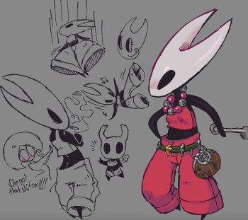 1other 2girls alternate_costume arthropod_girl ass bags_under_eyes barefoot bead_necklace beads belt belt_pouch black_eyes black_skin blank_eyes blublrfan1991 breasts butt_crack cigarette colored_skin crop_top crossed_arms english_text from_behind full_body furry furry_female grey_background hand_on_own_hip highres holding holding_weapon hollow_knight hollow_knight:_silksong hornet_(hollow_knight) jewelry knight_(hollow_knight) lace_(hollow_knight) midriff motion_lines mouth_hold multiple_girls musical_note nail_(hollow_knight) navel necklace needle_(hollow_knight) no_feet notice_lines pants partially_colored pouch profanity red_pants red_shirt shirt simple_background sleeveless sleeveless_shirt small_breasts smoke smoking standing stomach weapon weapon_on_back