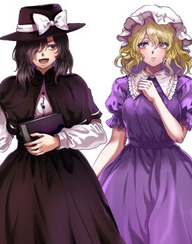 2girls black_capelet black_skirt blonde_hair book brown_eyes brown_hair capelet dress fedora hair_over_one_eye hat hat_ribbon highres holding holding_book kuya_(hey36253625) maribel_hearn mob_cap multiple_girls puffy_short_sleeves puffy_sleeves purple_dress ribbon shirt short_sleeves skirt touhou usami_renko white_background white_hat white_ribbon white_shirt yellow_eyes