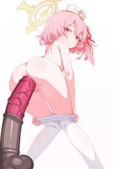 1girl absurdres anal anal_object_insertion animal_dildo ass blue_archive censored clothes_pull dildo halo hat highres horse_dildo huge_dildo large_insertion linhangwei loli mosaic_censoring nurse_cap object_insertion open_mouth pantyhose pantyhose_pull pink_eyes pink_hair pussy serina_(blue_archive) sex_toy simple_background solo topless_female white_background white_pantyhose yellow_halo