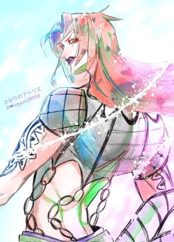 Rule 34 | 1boy, arm tattoo, blue lips, diavolo, eyeliner, fishnet top, fishnets, from behind, green eyes, hashtag-only commentary, highres, jojo no kimyou na bouken, long hair, looking at viewer, looking back, makeup, male focus, pants, parted lips, purple pants, red eyeliner, red hair, sayuri28050, solo, spotted hair, tattoo, toned, toned male, vento aureo